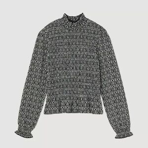 Sandro Monogram Print Mockneck Smocked Top Puff Sleeve Blouse